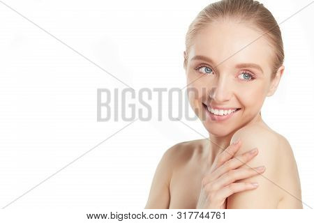 Portrait Of Beautiful Woman With Natural Make Up On White Background