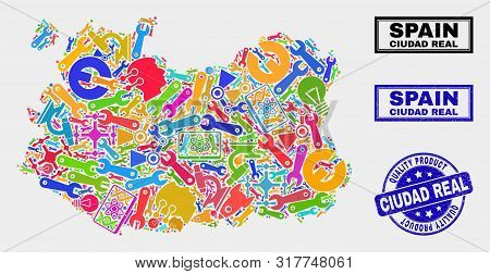 Vector Collage Of Industrial Ciudad Real Province Map And Blue Watermark For Quality Product. Ciudad