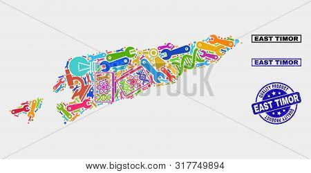 Vector Composition Of Tools East Timor Map And Blue Seal For Quality Product. East Timor Map Collage