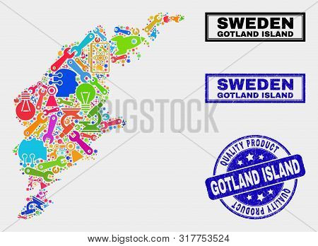 Vector Collage Of Service Gotland Island Map And Blue Stamp For Quality Product. Gotland Island Map 