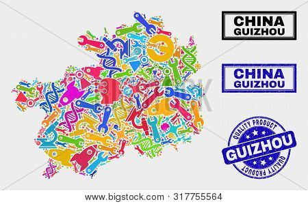 Vector Collage Of Tools Guizhou Province Map And Blue Watermark For Quality Product. Guizhou Provinc