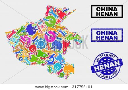 Vector Collage Of Tools Henan Province Map And Blue Seal Stamp For Quality Product. Henan Province M