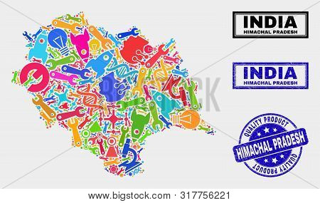 Vector Collage Of Tools Himachal Pradesh State Map And Blue Seal For Quality Product. Himachal Prade