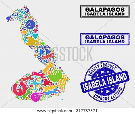 Vector Combination Of Service Isabela Island Of Galapagos Map And Blue Watermark For Quality Product