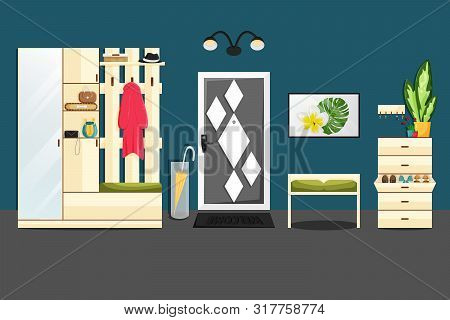 Vector Flat Home Interior, Hallway With Furniture. Cozy Antechamber With Modern Cabinet For Outwear,