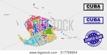 Vector Collage Of Service Juventud Island Map And Blue Watermark For Quality Product. Juventud Islan