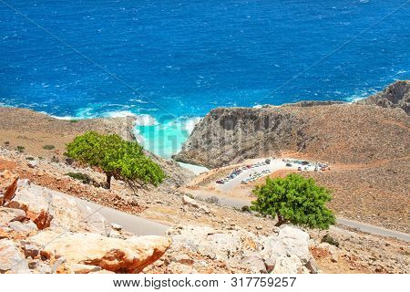 Seitan Limania Beach On Crete, Greece. Travel Tourism Wide Panorama Background Concept. Beautiful Be
