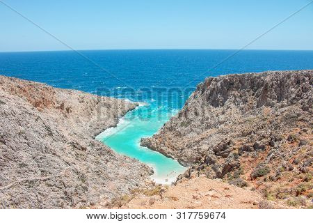 Seitan Limania Beach On Crete, Greece. Travel Tourism Wide Panorama Background Concept. Beautiful Be
