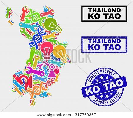 Vector Collage Of Tools Ko Tao Map And Blue Watermark For Quality Product. Ko Tao Map Collage Formed