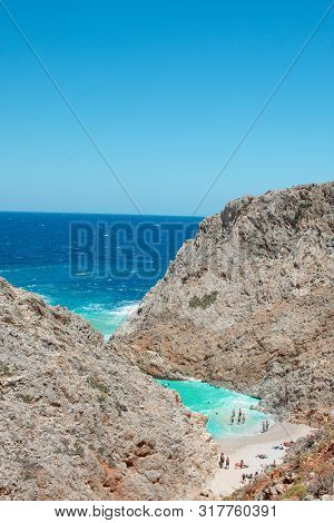 Seitan Limania Beach On Crete, Greece. Travel Tourism Wide Panorama Background Concept. Beautiful Be