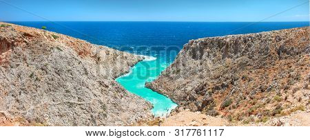 Seitan Limania Beach On Crete, Greece. Travel Tourism Wide Panorama Background Concept. Beautiful Be