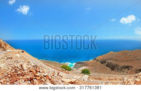 Seitan Limania Beach On Crete, Greece. Travel Tourism Wide Panorama Background Concept. Beautiful Be