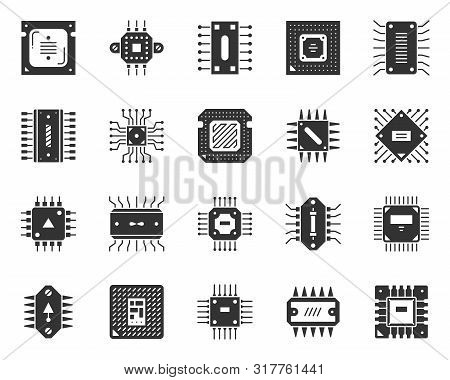 Microchip Silhouette Icons Set. Monochrome Web Sign Kit Of Cpu. Microprocessor Pictogram Collection 