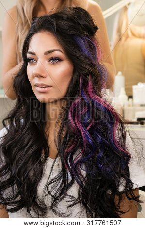 Portrait Of Stylish Brunette. Girl Makes An Evening Haircut In Beauty Salon. Work Of Hairstylistgirl