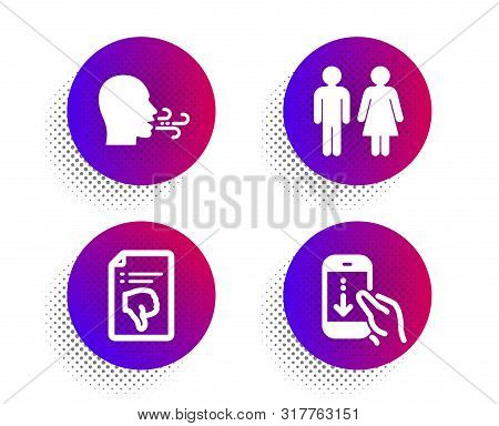 Restroom, Breathing Exercise And Thumb Down Icons Simple Set. Halftone Dots Button. Scroll Down Sign