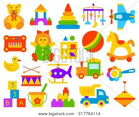 Baby Toy Simple Flat Cartoon Style Set. Kids Game Sign Collection Includes Bear, Ball, Horse. Childr