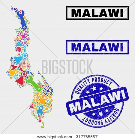 Vector Collage Of Service Malawi Map And Blue Seal For Quality Product. Malawi Map Collage Created W