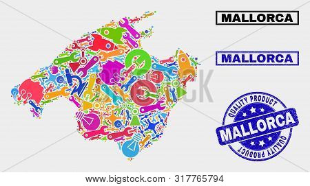 Vector Combination Of Tools Mallorca Map And Blue Stamp For Quality Product. Mallorca Map Collage Co