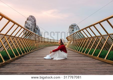 Travel Woman At Golden Bridge In Ba Na Hills ,danang Vietnam