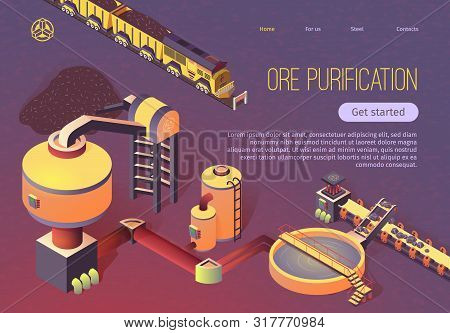 Ore Purification Process At Metallurgy Foundry Isometric Banner. Train With Trolleys, Beneficiation 