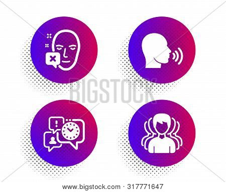 Human Sing, Time Management And Face Declined Icons Simple Set. Halftone Dots Button. Group Sign. Ta