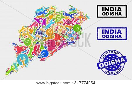 Vector Collage Of Service Odisha State Map And Blue Seal For Quality Product. Odisha State Map Colla