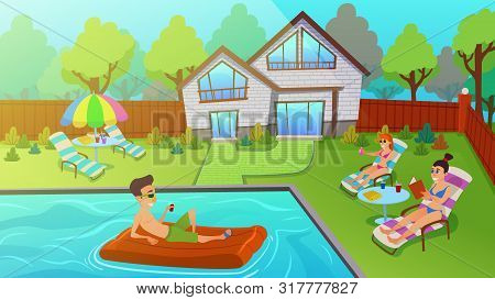 Young People Having Outdoors Rest In Yard. Man Floating On Inflatable Mattress In Swimming Pool Drin