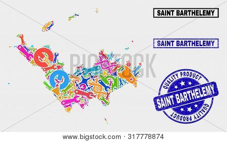 Vector Collage Of Service Saint Barthelemy Map And Blue Seal For Quality Product. Saint Barthelemy M