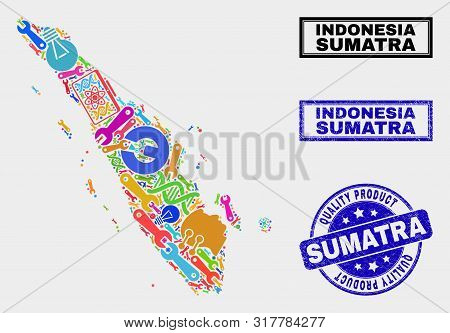 Vector Collage Of Service Sumatra Map And Blue Stamp For Quality Product. Sumatra Map Collage Formed