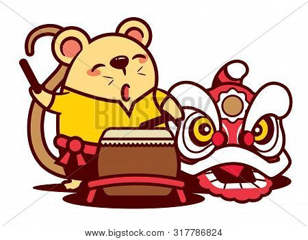 Cartoon Cute Rat Playing Lion Dance Drum With Southern Lion. Chinese New Year 2020 - Vector