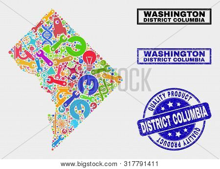 Vector Collage Of Service Washington District Columbia Map And Blue Watermark For Quality Product. W