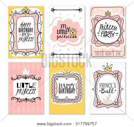Princess Cards. Vintage Cute Pink Frame With Gold Crown, Girl Birthday Invitation Card, Baby Shower 