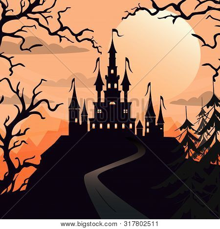 Happy Halloween Background With Dead Trees And Dracula Castle Under The Moonlight.. Vector Stock Ill