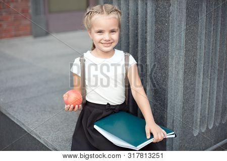 Happy Little Schoolgirl With Blond Hair In School Uniform With Lunch, Book Sits Near School
