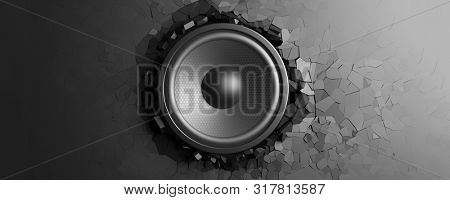 Wall breaks from sound with loudspeaker. 3d illustration