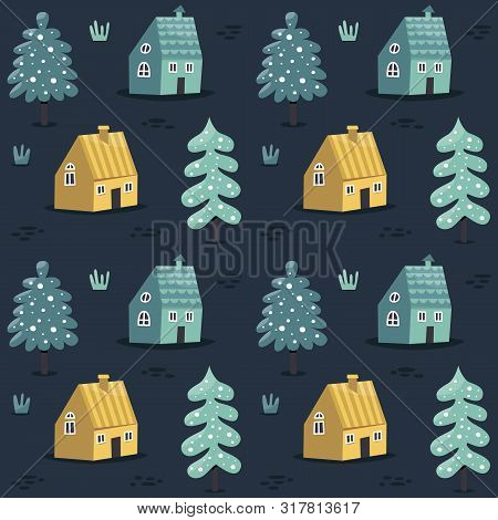 Seamless Cute Scandinavian Pattern With Houses And Trees
