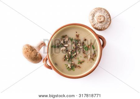 Homemade Mushroom Soup Isolated On White Background.top View.