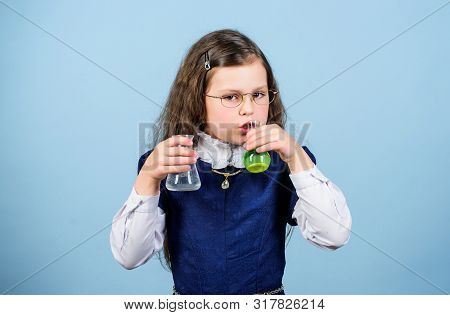 Time To Chill. Science Research In Lab. Small Genius Girl. Small Girl Scientist With Testing Flask. 