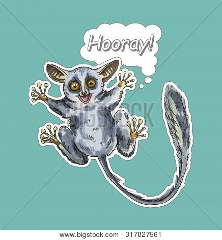 Funny Animal Galago Stickers On A Blue Background. Hand Painted Illustration