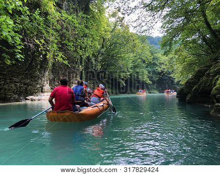 Martvili Canyon In Georgia. Turquoise Water In A Mountain River And Cliffs Of The Reserve. Beautiful
