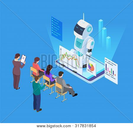 Business Training With Artificial Intelligence. Isometric Vector Robot Tutor, Business Education Con