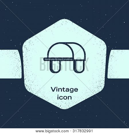 Grunge Line Hunter Hat Icon Isolated On Blue Background. Plaid Winter Hat. Monochrome Vintage Drawin