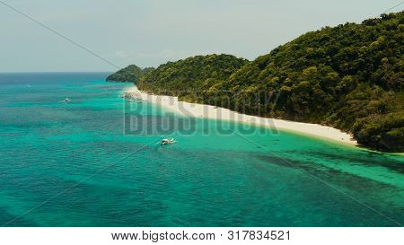 Tropical Beach With Palm Trees And Turquoise Waters Of The Coral Reef, Top View, Puka Shell Beach. B