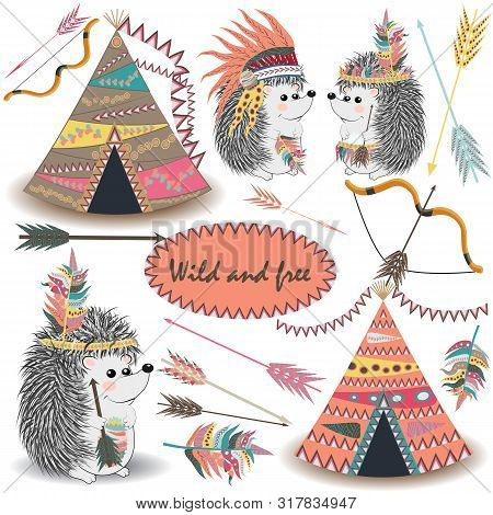 Tribal Collections Set With Teepee Tens, Arrows, Feathers, Tribal Borders, Indian Hedgehog And Feath