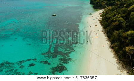 Tropical Beach With Palm Trees And Turquoise Waters Of The Coral Reef, Top View, Puka Shell Beach. B
