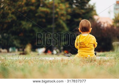 Back View Of Little Baby Boy Sitting Alone Outdoors On The Grass. Dof. Copy Space