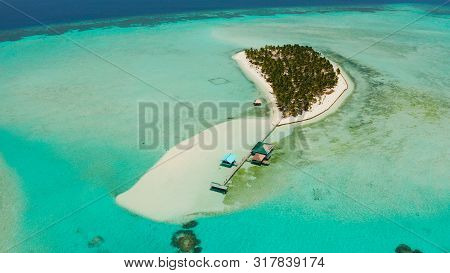 Travel Concept: Sandy Beach On A Tropical Island By Coral Reef Atoll From Above. Onok Island, Balaba