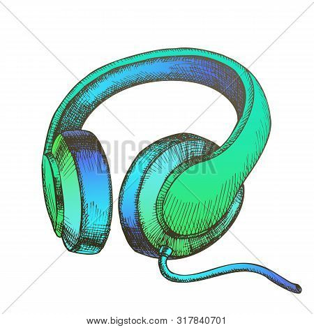 Color Listening Audio Device Cable Headphones Vector. Mobile Electronic Gadget Headphones For Listen