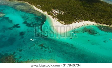 Tropical Island With Beautiful Beach, Palm Trees And Turquoise Water View From Above. Daco Island, P