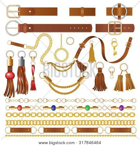 Leather Elements. Fabric Decoration For Clothes Luxury Chains Straps And Embroidery Braided Details 